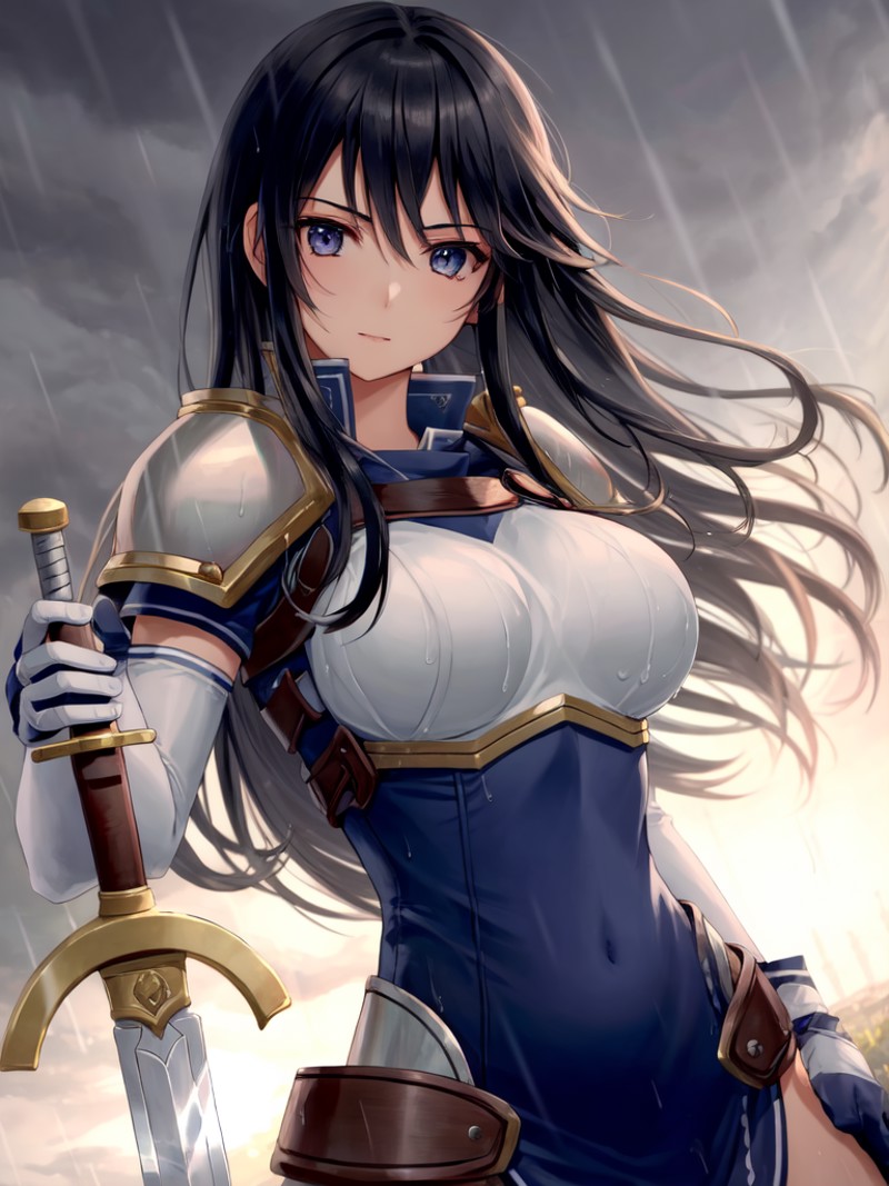 <lora:Ayra_FE-10:1>, ayra fe, 1girl, solo, breasts, large breasts, gloves, weapon, elbow gloves, sword, armor, rain